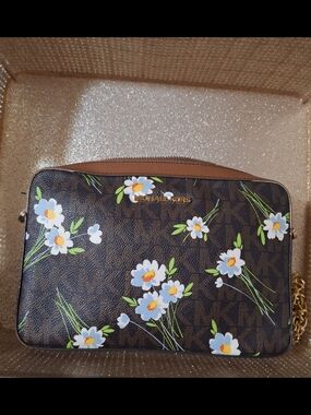 Michael Kors Brown Floral Logo Crossbody with White & Yellow Flowers